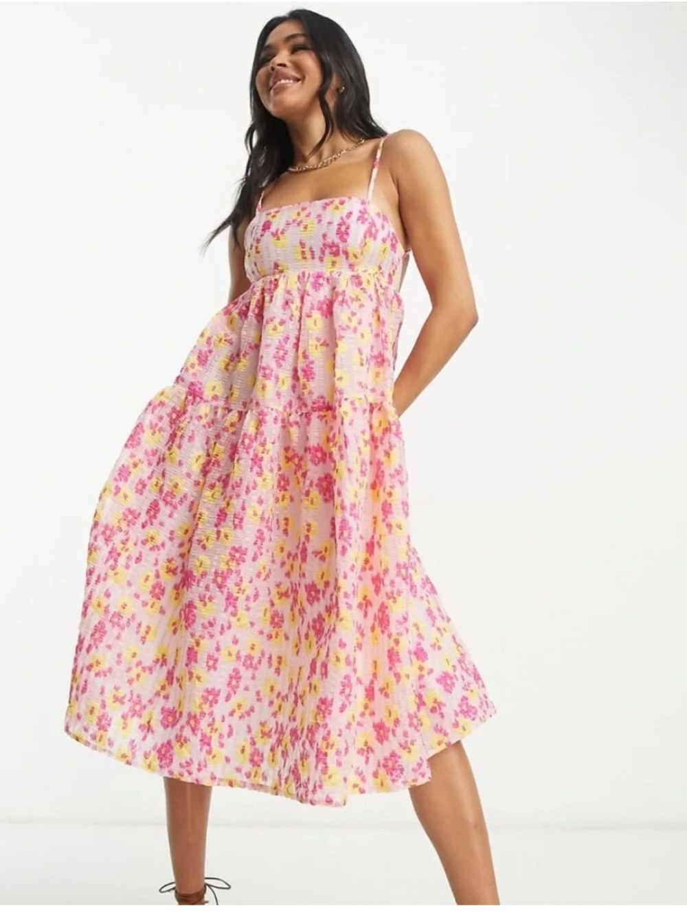 Collective The Label Pink Floral Midi Dress with Smocked Bodice